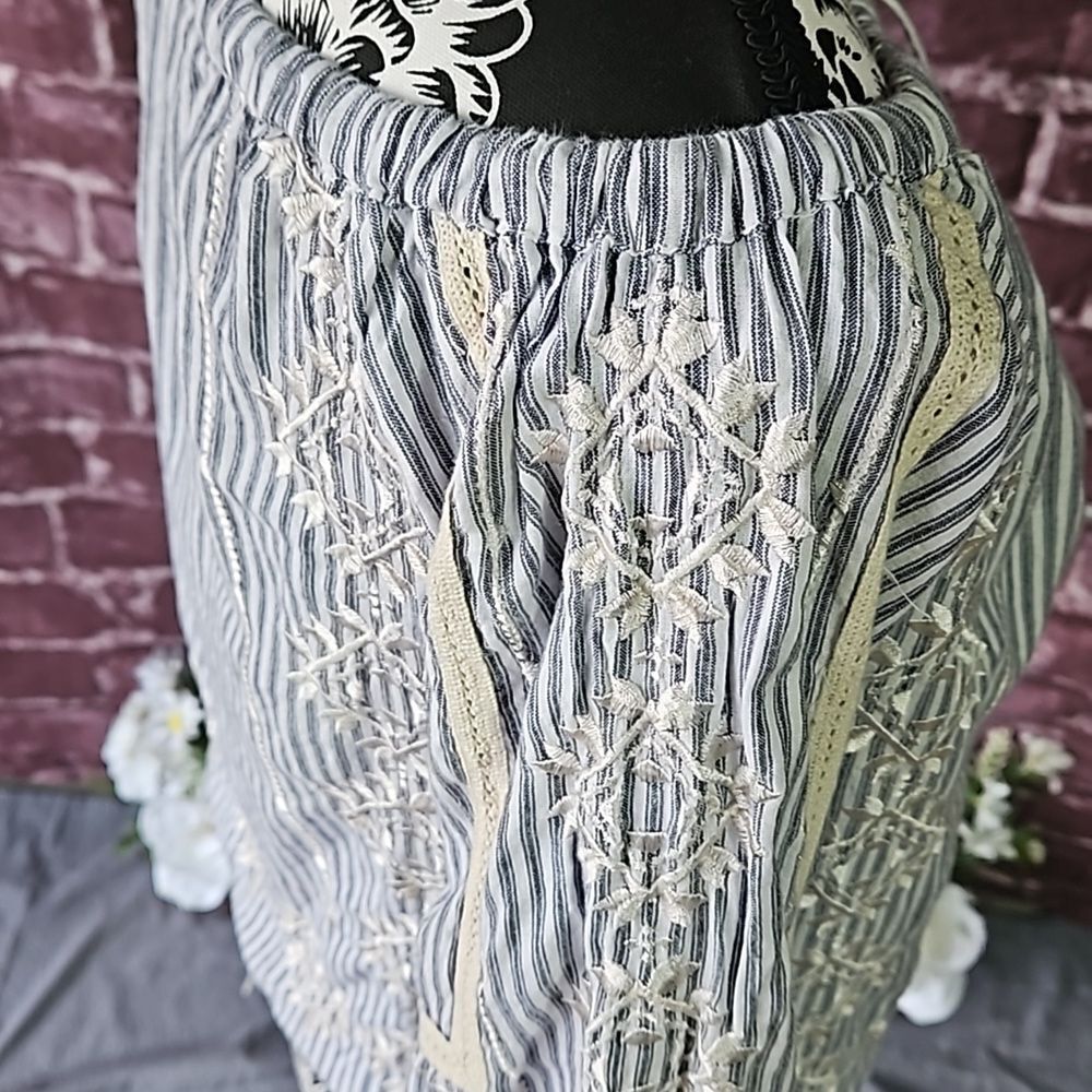 Love Sam Off Shoulder,Pinstriped,Boho Embroidered Top with Layered Cuffs - Picture 6 of 11